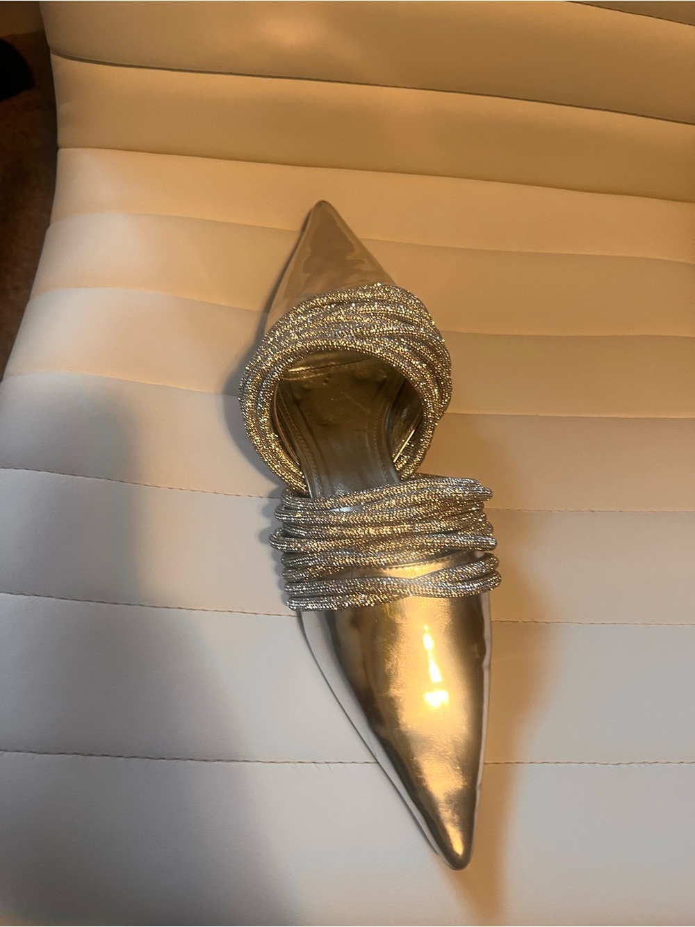 Shiny Silver Pointed-Toe Leather Mules with Crystal Trim - Picture 4 of 6
